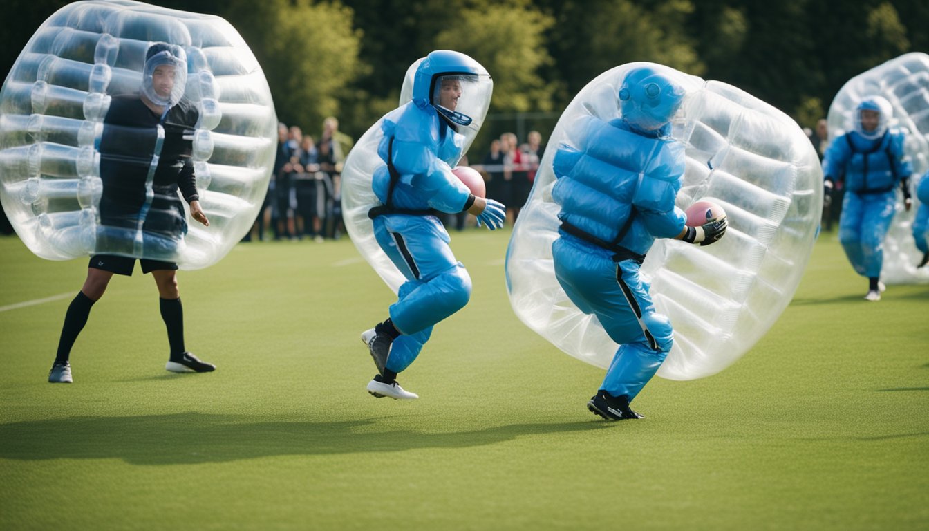 Players in bubble suits collide on a grass field, bouncing and tumbling as they play a game of bubble football. Spectators cheer from the sidelines