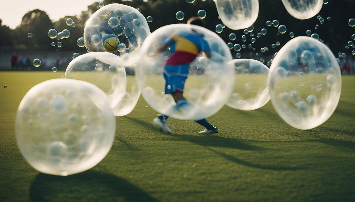 Players in inflatable bubbles colliding on a grass field, bouncing and rolling as they attempt to score goals