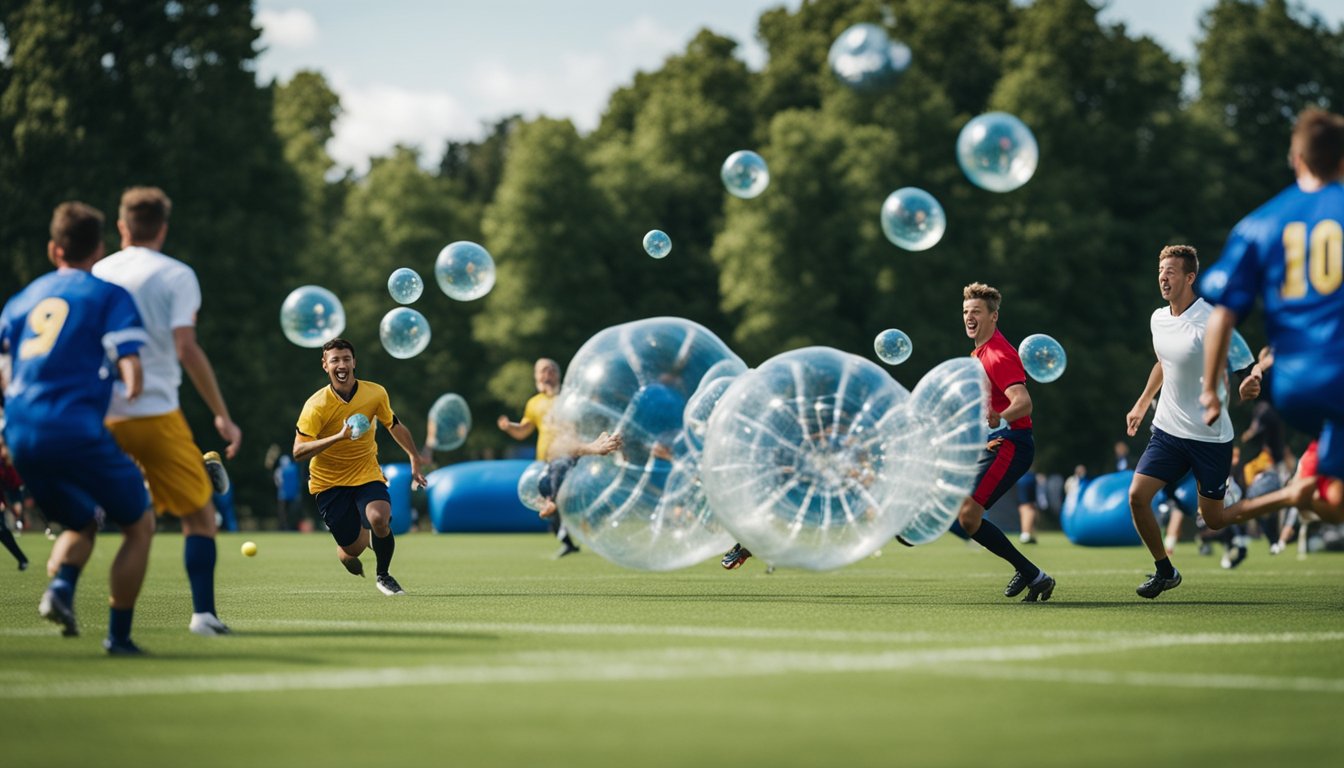 Players collide in inflatable bubbles on a grass field, bouncing and rolling while chasing a ball. Spectators cheer from the sidelines