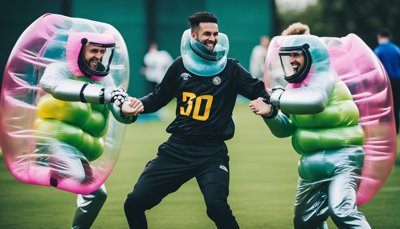 Players in bubble suits bumping into each other, laughing and bonding on the field during a game of bubble football