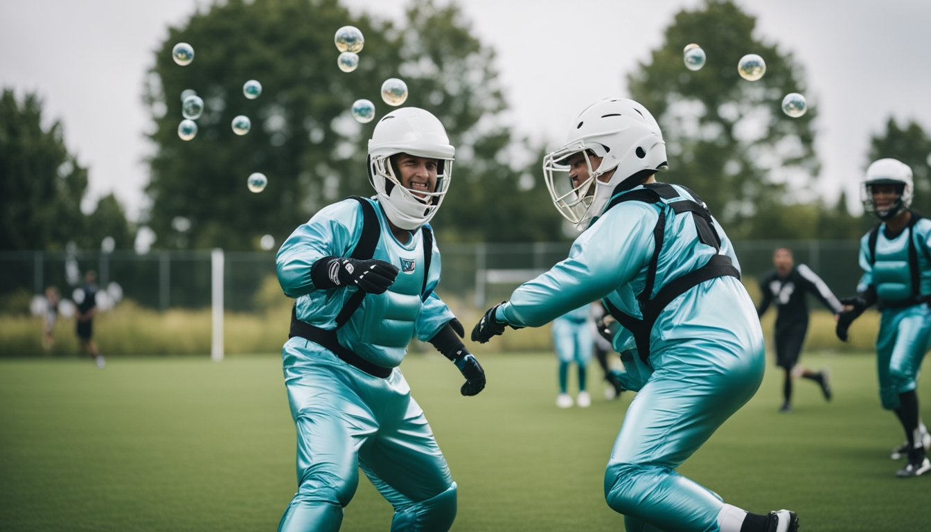 Players in bubble suits collide and bounce on a grass field, laughing and cheering. Teammates work together, building trust and communication