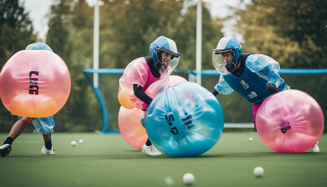 A group of players wearing bubble suits collide and bounce off each other while playing bubble football, promoting teamwork and camaraderie