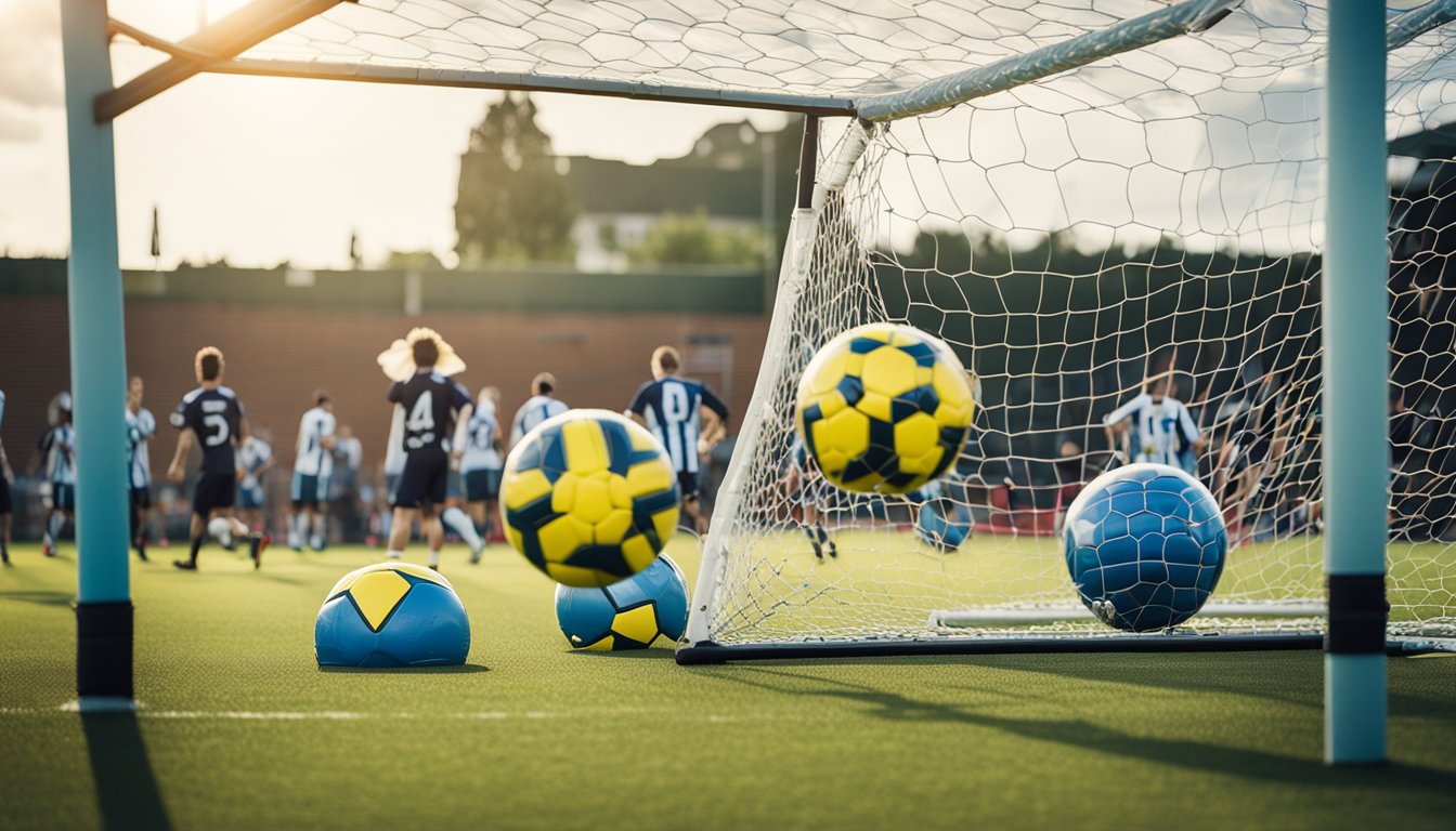 Players wearing helmets, shoulder pads, and knee pads for bubble football. Soccer field background with goalposts and spectators