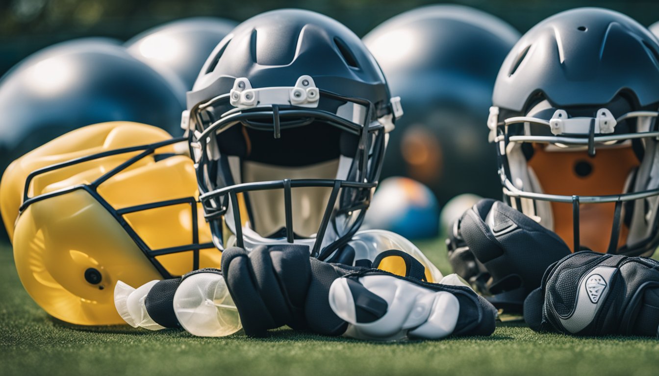 Bubble football safety gear laid out: helmets, shoulder pads, knee and elbow pads, and bubble suits