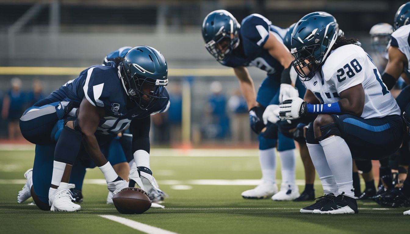 Players wearing helmets, knee pads, and shoulder pads. Equipment being checked for damage and properly fitted before game