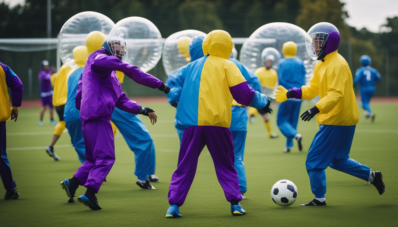 Players in bubble suits bump into each other while playing soccer. They laugh and exercise at the same time