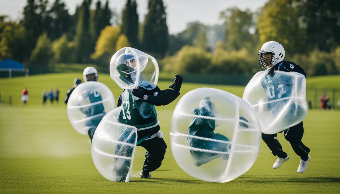 Players in bubble suits collide and bounce on a grass field. Rules are displayed on a nearby sign. Fitness benefits are evident as players laugh and exercise