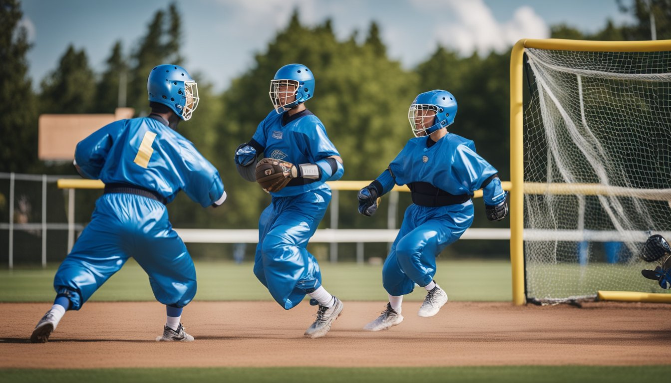 Players in bubble suits engage in high-energy, full-contact game. They run, bounce, and collide, promoting cardiovascular fitness and muscle strength