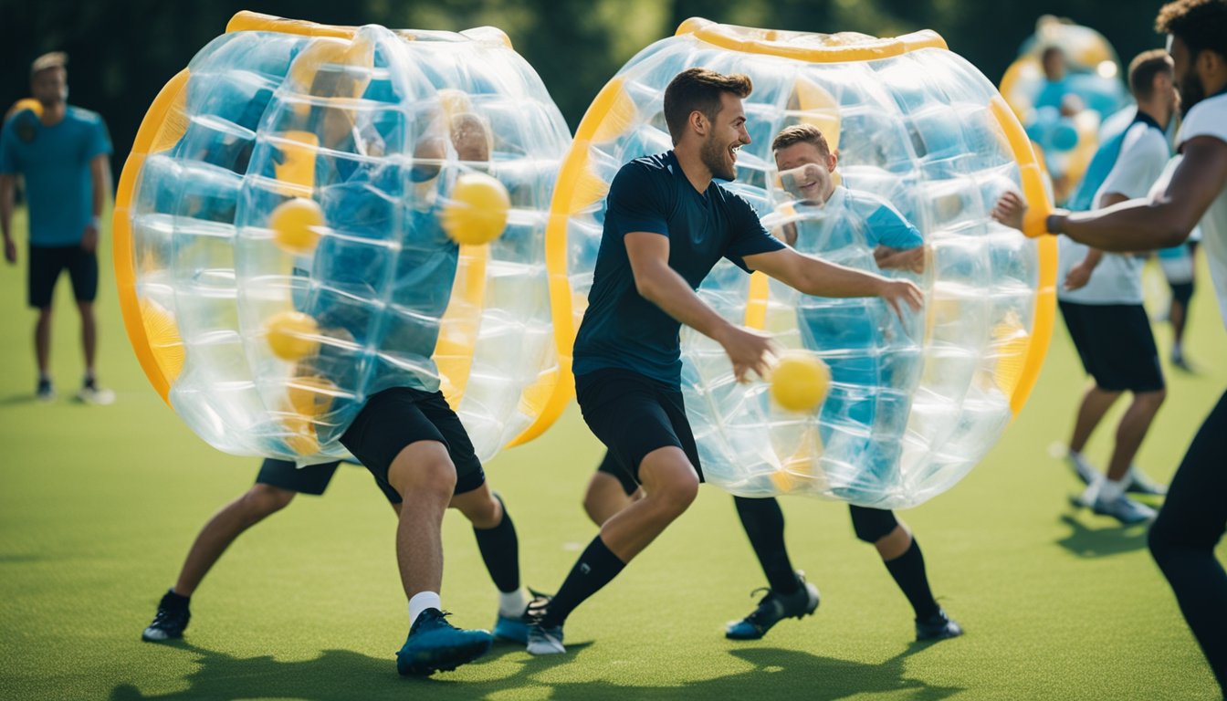 Players enjoying bubble football, bouncing and colliding with each other. Smiles and laughter as they exercise and have fun