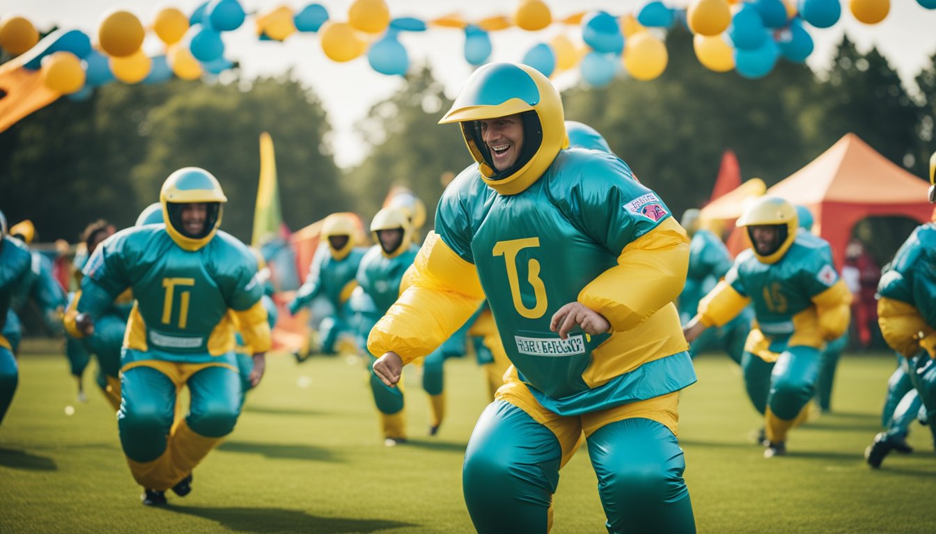 Players in bubble suits compete on a grass field, surrounded by colorful banners and inflatable obstacles. Laughter and cheers fill the air as teams battle it out in a lively, energetic atmosphere