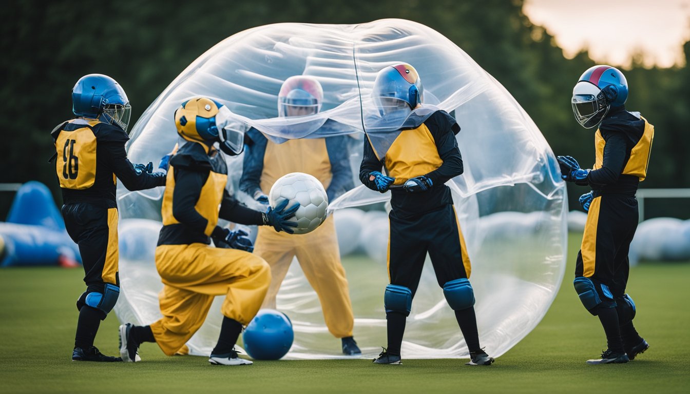 Players in bubble suits strategize for a creative bubble football event. Themes like superheroes and outer space inspire the planning