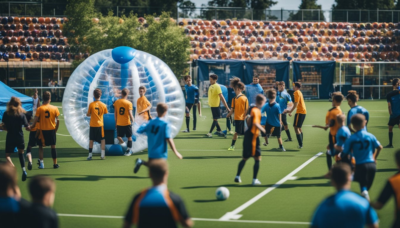 A lively bubble football game with themed catering and merchandise stands creates a vibrant atmosphere