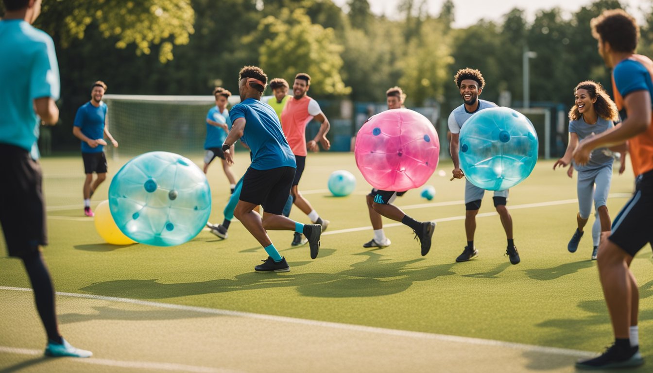 A group of people playing bubble football in a colorful, energetic setting with themed decorations and vibrant props