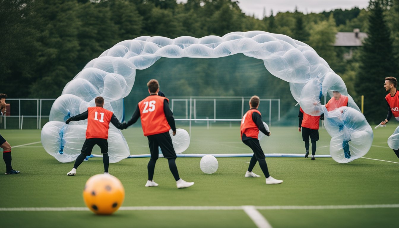 Players inflating bubble suits, setting up goalposts on a grass field, and organizing teams for a bubble football league