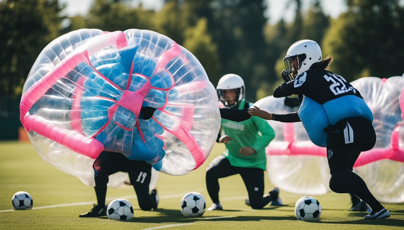 Players inflating bubble suits, marking field boundaries, setting up goals, and organizing teams for a bubble football league