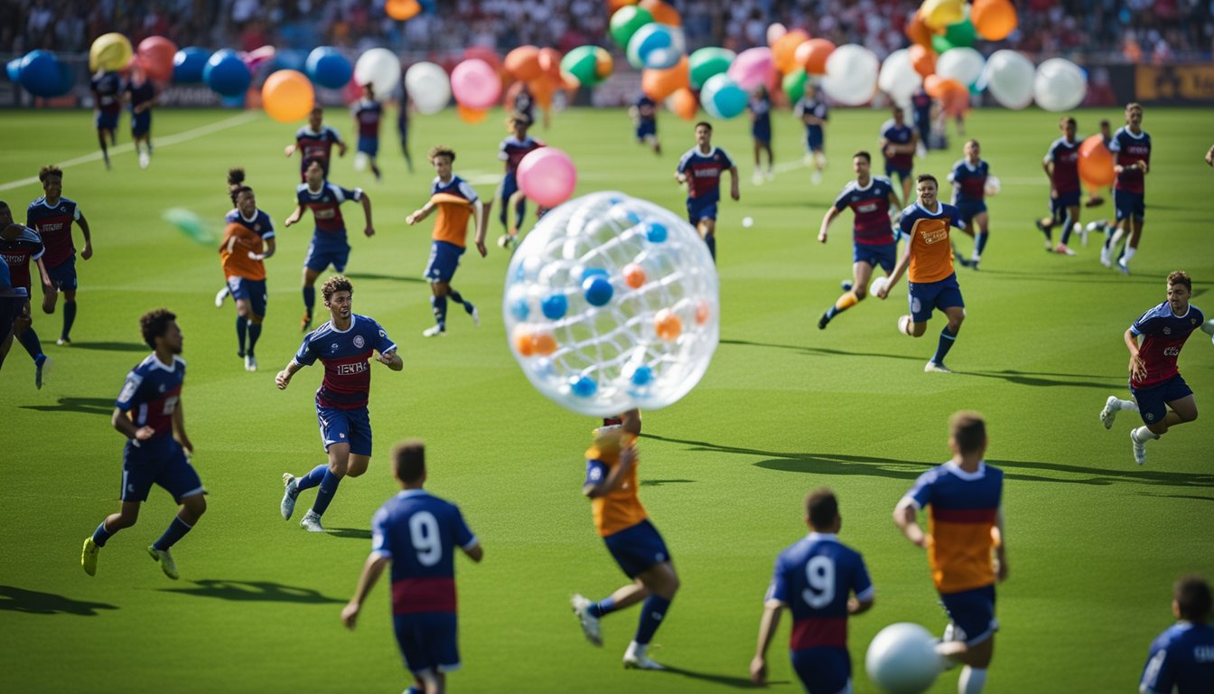 Players in inflatable bubbles chase a ball on a grass field, surrounded by colorful banners and cheering fans