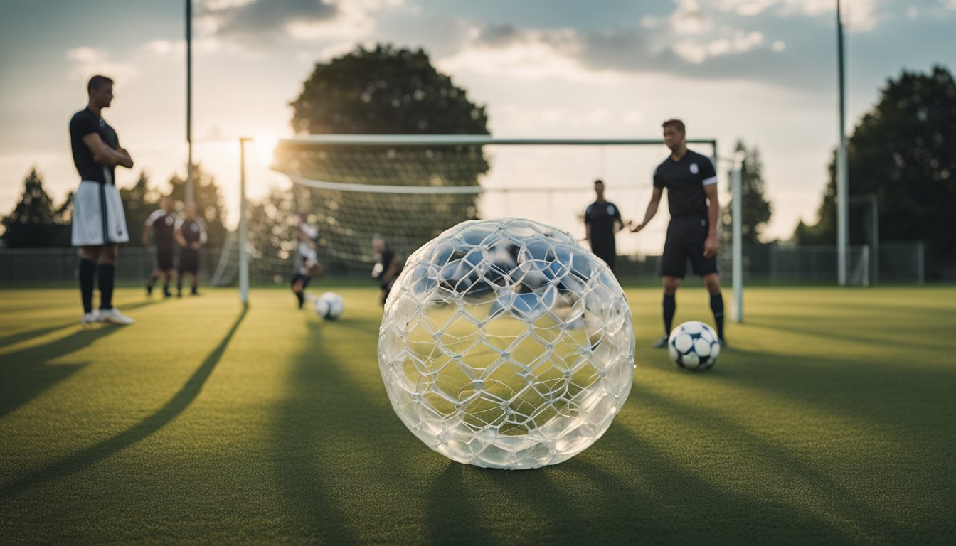 Players setting up inflatable bubbles on a grass field with goal posts and a referee