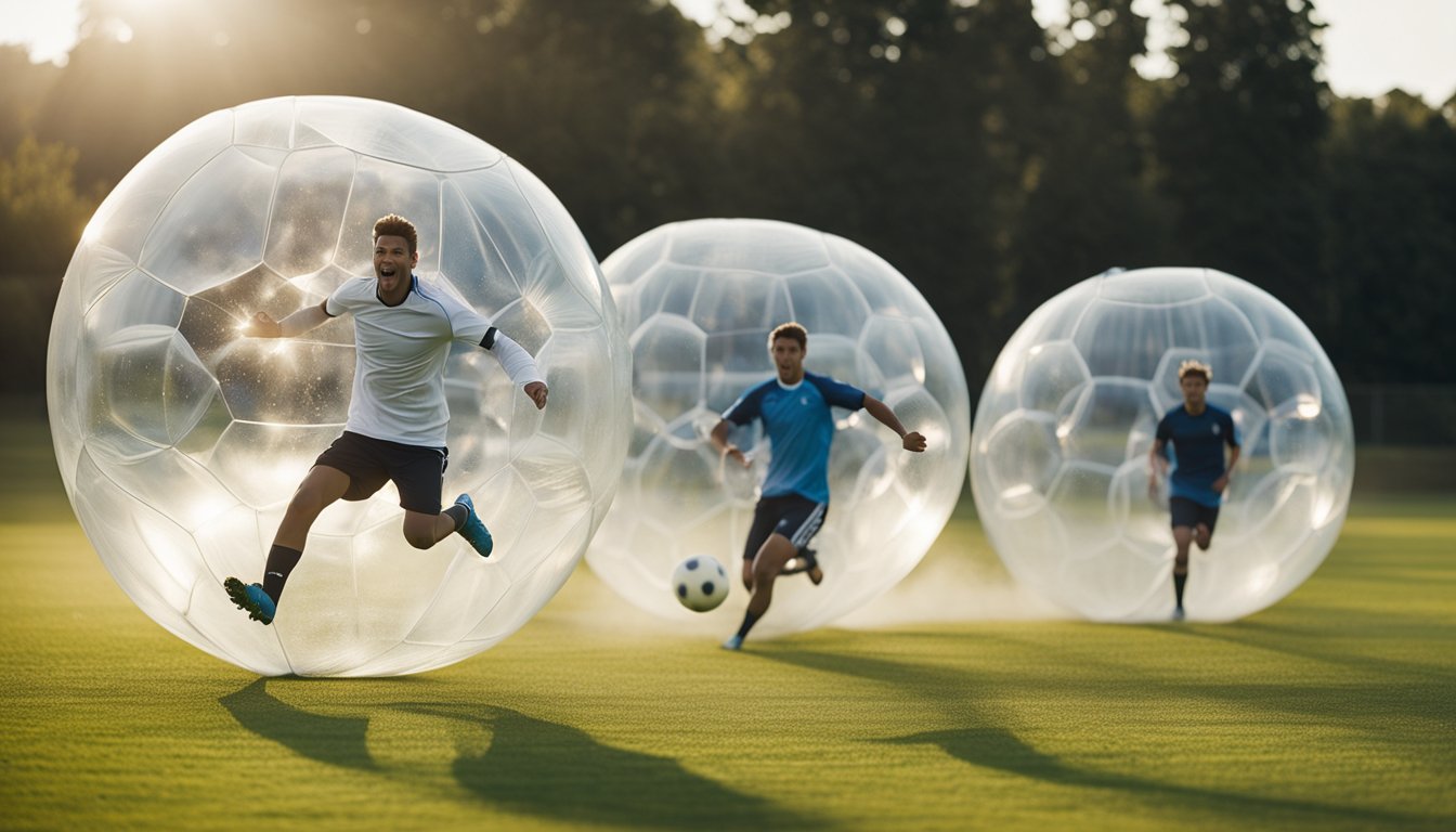 Players in inflatable bubbles collide and bounce on a grassy field while chasing a giant soccer ball. Laughter and cheers fill the air