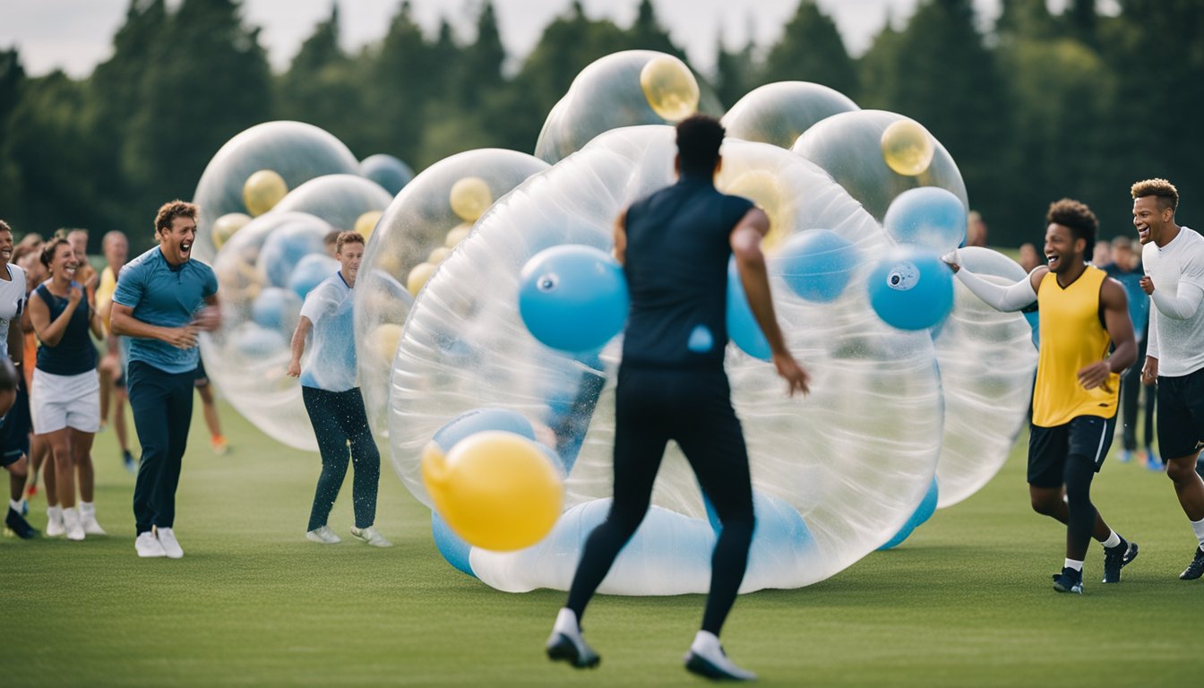 Players in inflatable bubbles collide, bounce and roll across a grassy field. Spectators cheer and laugh as the unique sport gains popularity