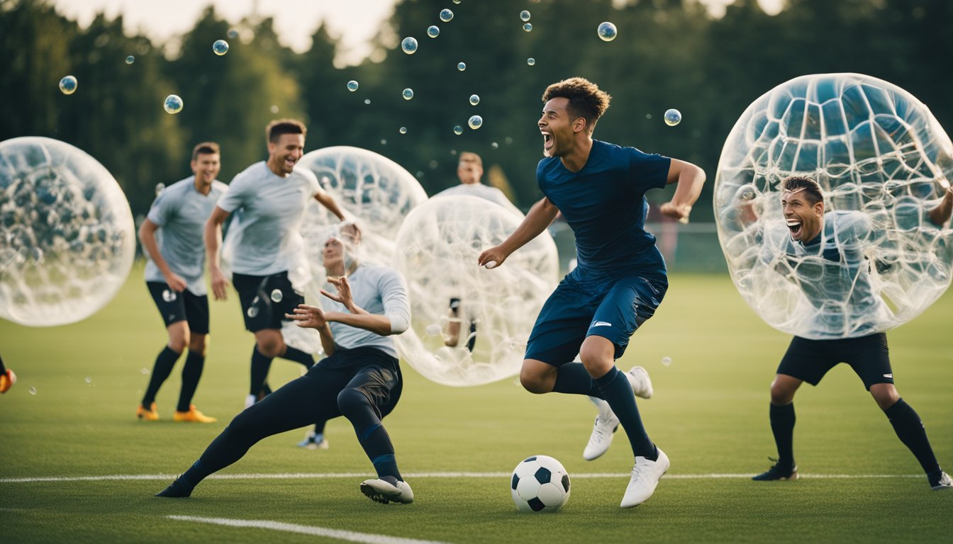 Players collide in giant bubbles on a soccer field, bouncing and tumbling as they attempt to score goals. Laughter and cheers fill the air as they enjoy this unique and entertaining sport