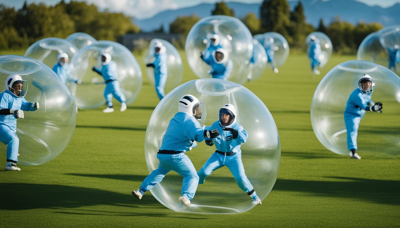 Players in bubble suits collide and bounce on a grassy field, with a clear blue sky and scattered clouds in the background