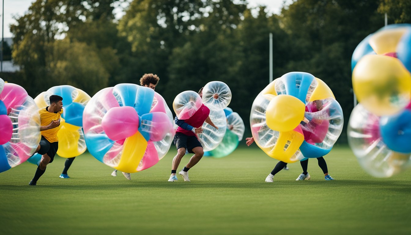 A group of bubble-wrapped players collide on a grassy field, capturing the chaotic and energetic nature of bubble football. The colorful bubbles bounce and roll as the players attempt to score goals