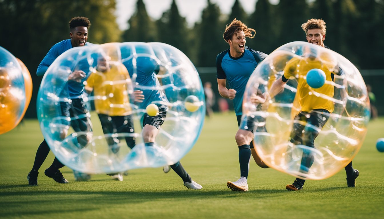 A group of bubble-clad players collide on a grassy field, capturing the chaos and excitement of bubble football. The vibrant colors and dynamic movement make for a stunning image