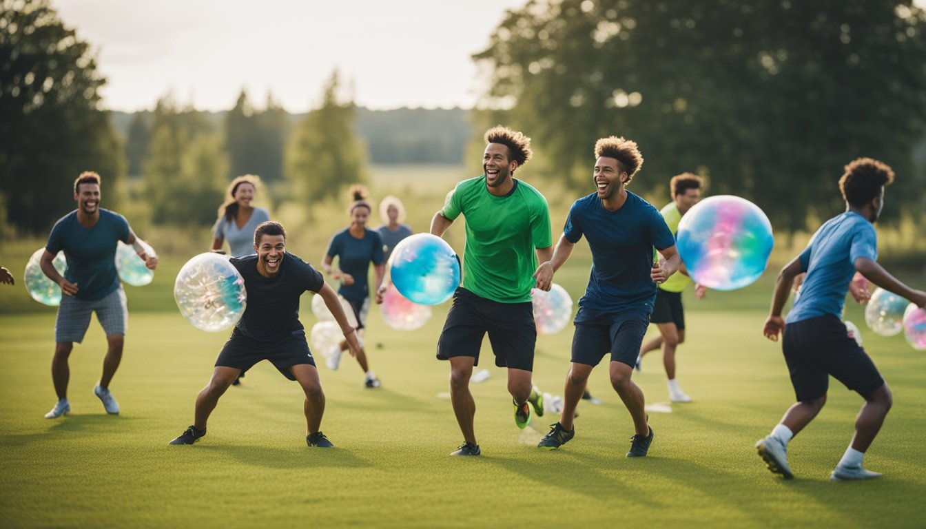 A group of people playing bubble football in a grassy field, with colorful bubbles bouncing around. The players are laughing and having a great time