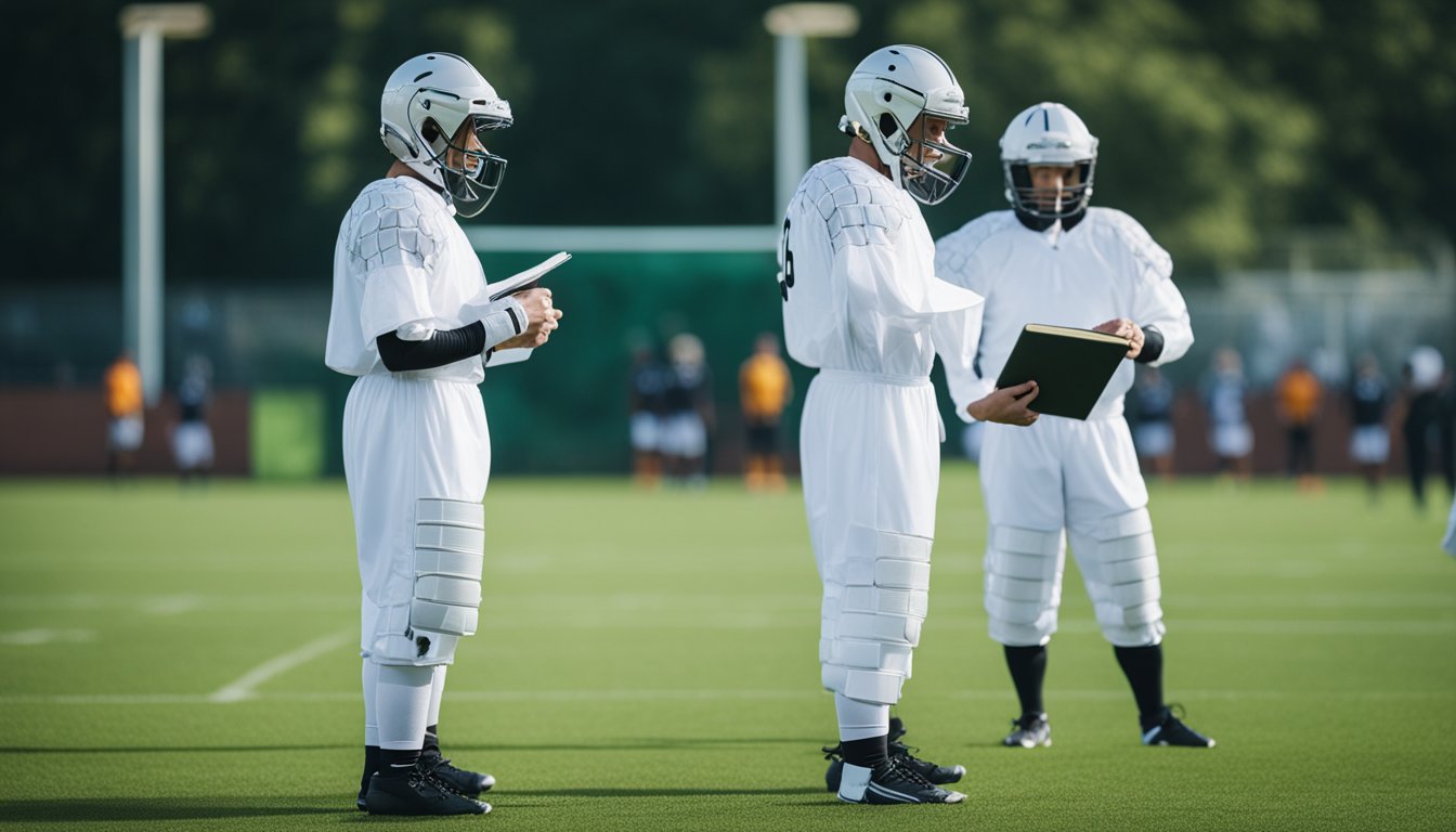 Players in bubble suits on a grassy field. Referee holding a whistle and rule book. Goal posts in the background