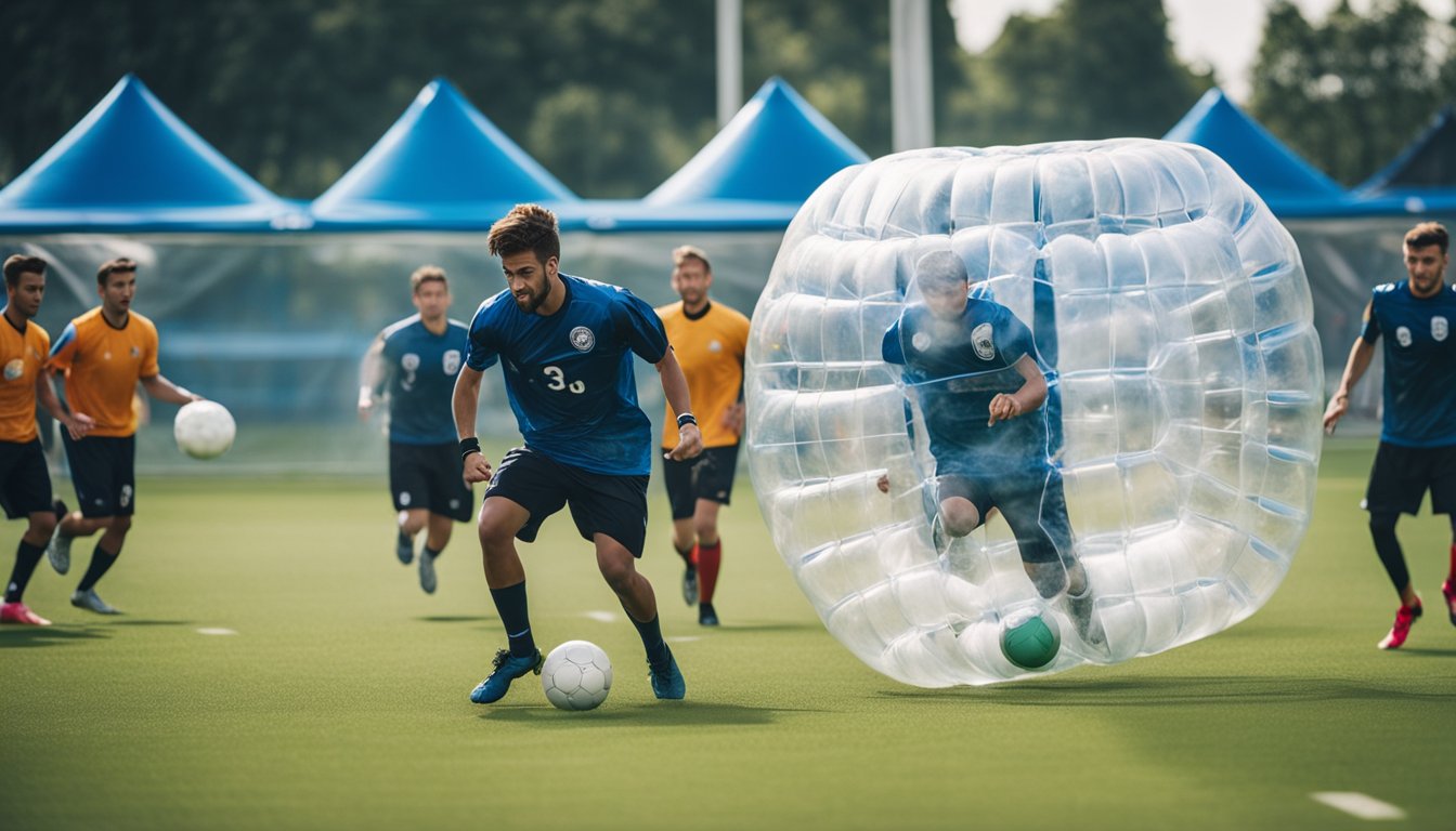 Players compete in a bubble football match, following strict rules and regulations. The field is filled with excitement and energy as teams battle for victory