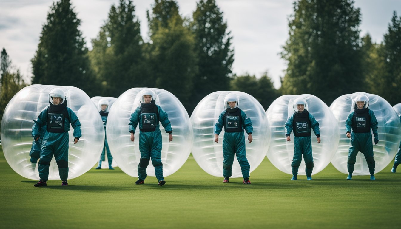 Players in bubble suits on a grass field, following rules and regulations for bubble football. Clear FAQ bubble above them