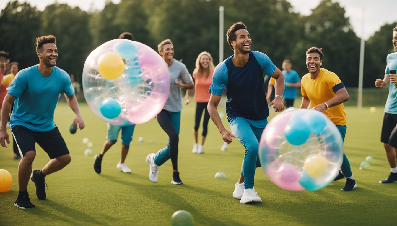 A group of people playing bubble football in a spacious outdoor field, with colorful inflatable bubbles bouncing and colliding as they laugh and celebrate