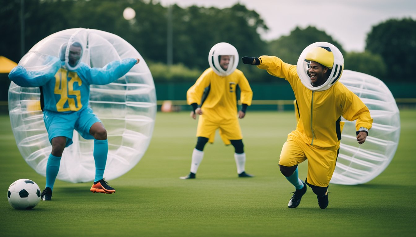 Players in bubble suits laugh and bounce around a field, kicking a soccer ball. Nearby, a table is filled with colorful snacks and drinks