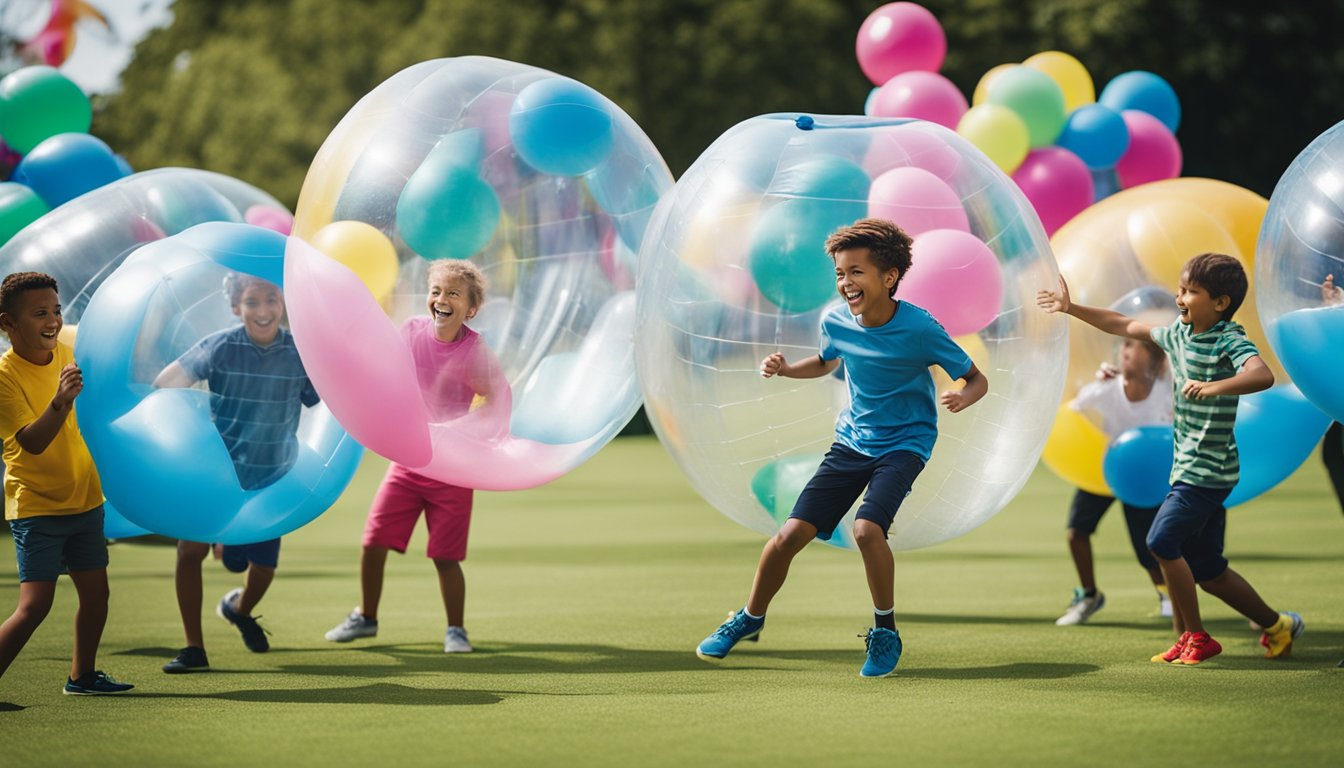 A group of excited children play bubble football at a birthday party, laughing and bumping into each other inside large inflatable bubbles. Colorful decorations and party hats add to the festive atmosphere