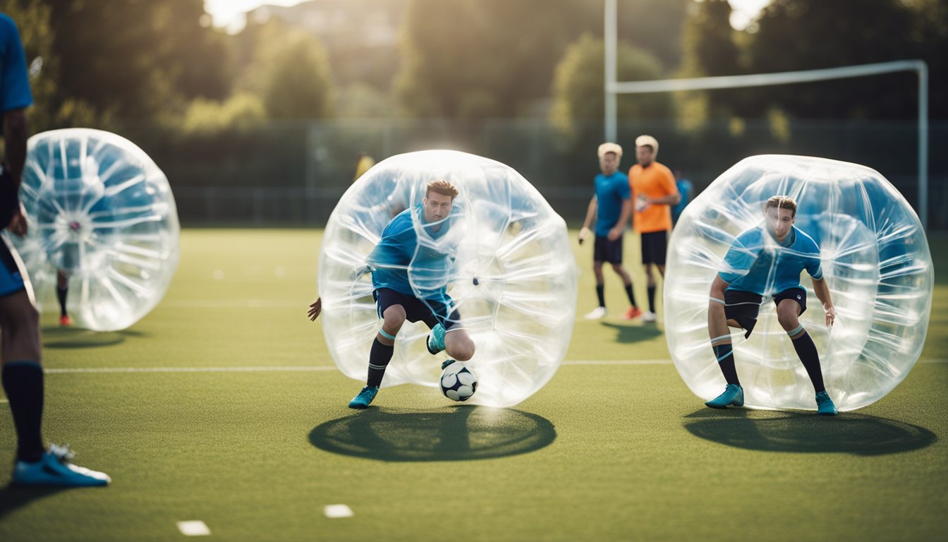 Players executing precise bubble football techniques on the field. Dribbling, passing, and tackling with skill and control. Excitement and intensity in the air