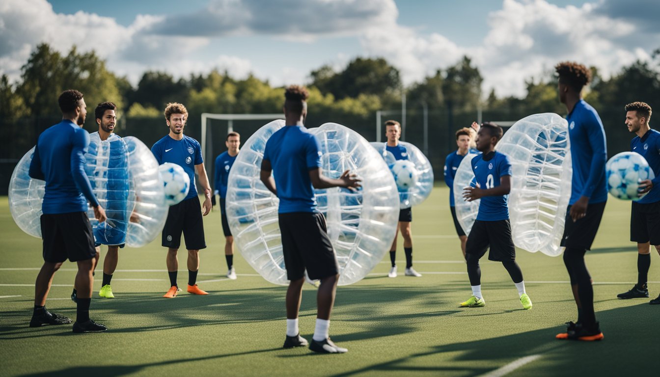 Players strategize and execute advanced bubble football techniques in a dynamic team setting