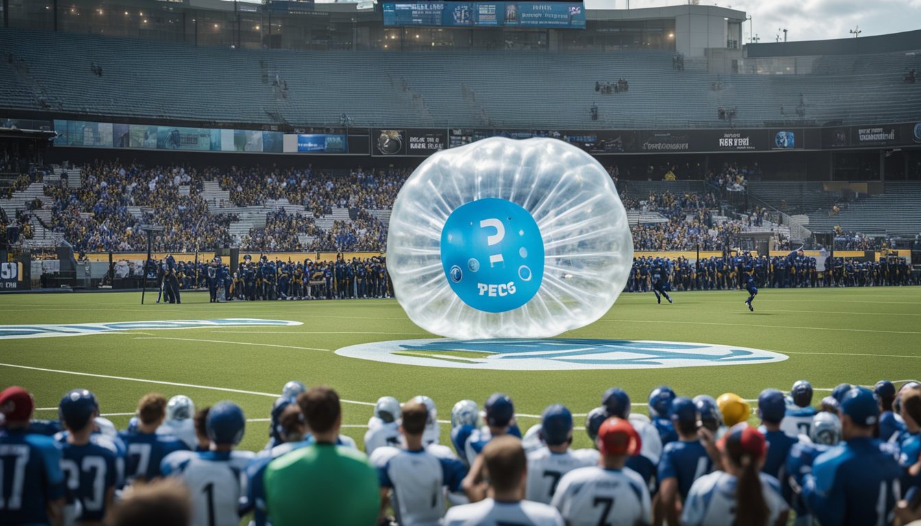 Players in bubble suits compete on a field with branded banners and promotional materials surrounding the area. Excited fans watch from the sidelines, while a social media team captures the action for online promotion