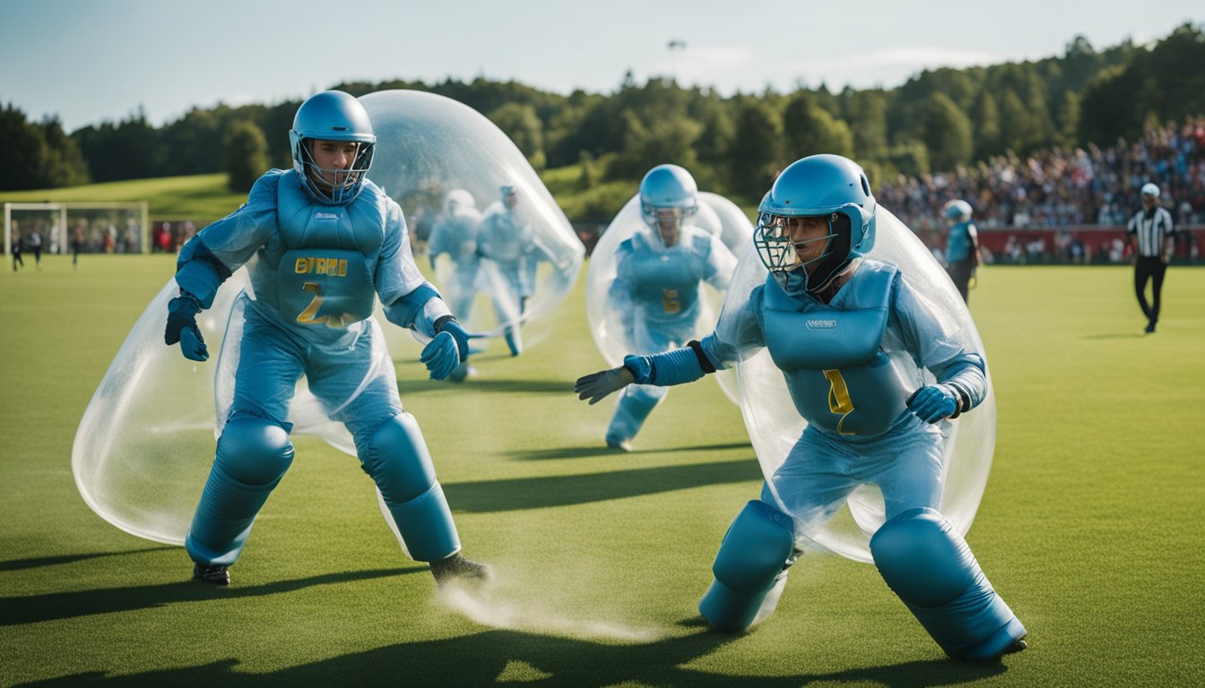 Players in bubble suits engage in intense, competitive games on a grassy field. Banners with catchy marketing slogans surround the area, drawing in spectators