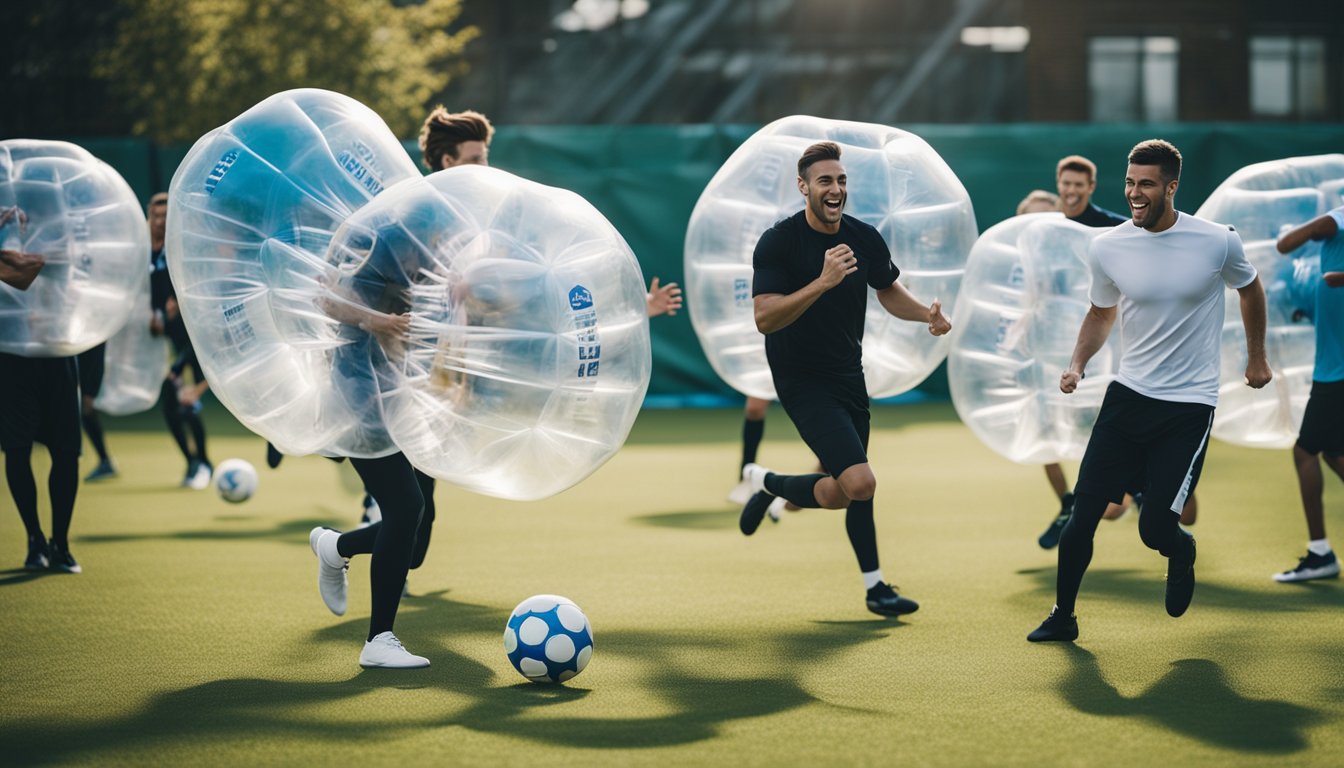 A group of excited players engage in bubble football, surrounded by promotional banners and marketing materials. The energetic atmosphere and competitive spirit are evident as they enjoy the unique and entertaining sport