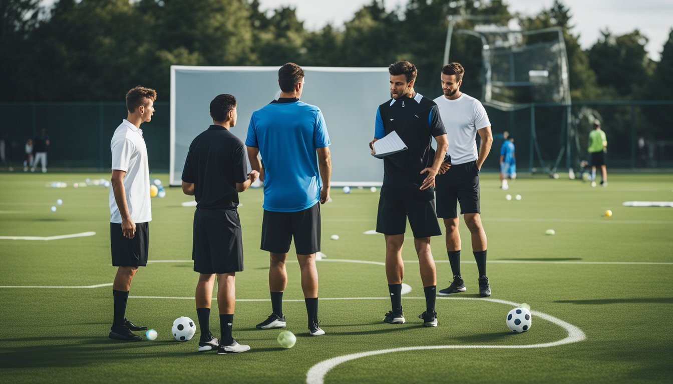 Players strategize on a grass field, surrounded by inflatable bubbles. A whiteboard displays tournament brackets and schedules. Coaches and referees discuss logistics