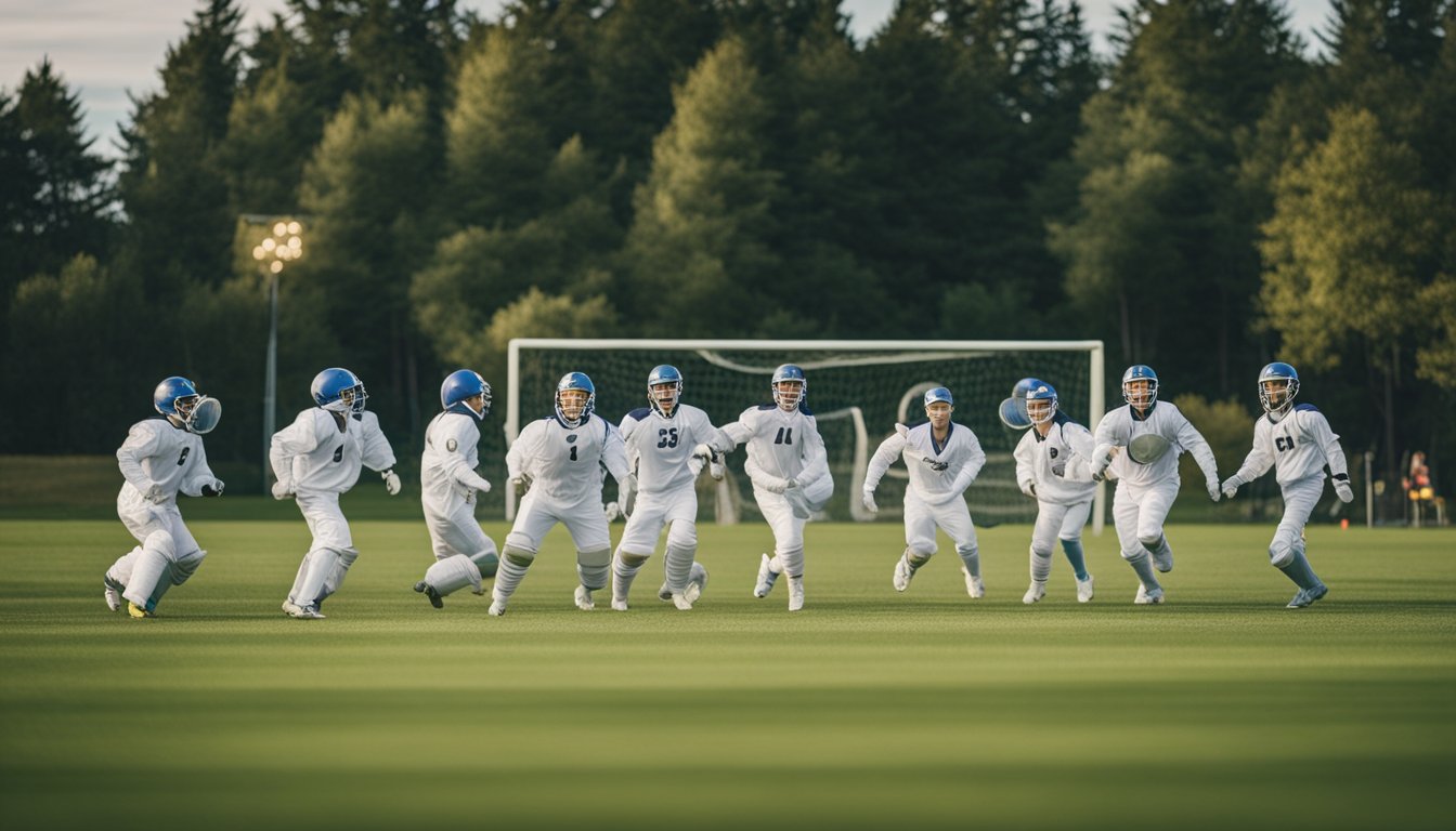 Players wearing bubble suits collide and bounce around a grassy field. A referee blows a whistle as teams strategize for the tournament