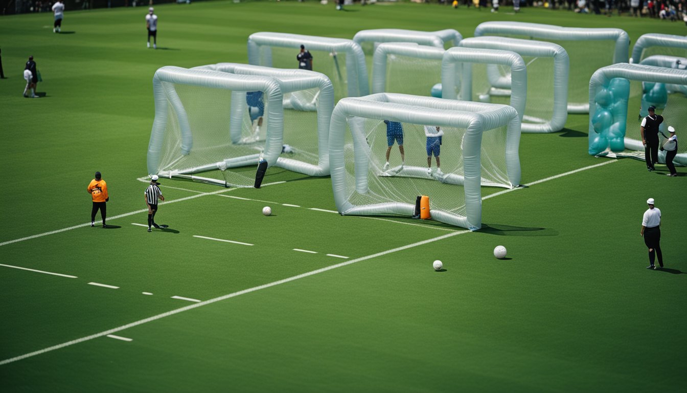 Players in bubble suits on a grass field surrounded by inflatable barriers, with a referee in the center and spectators watching from the sidelines