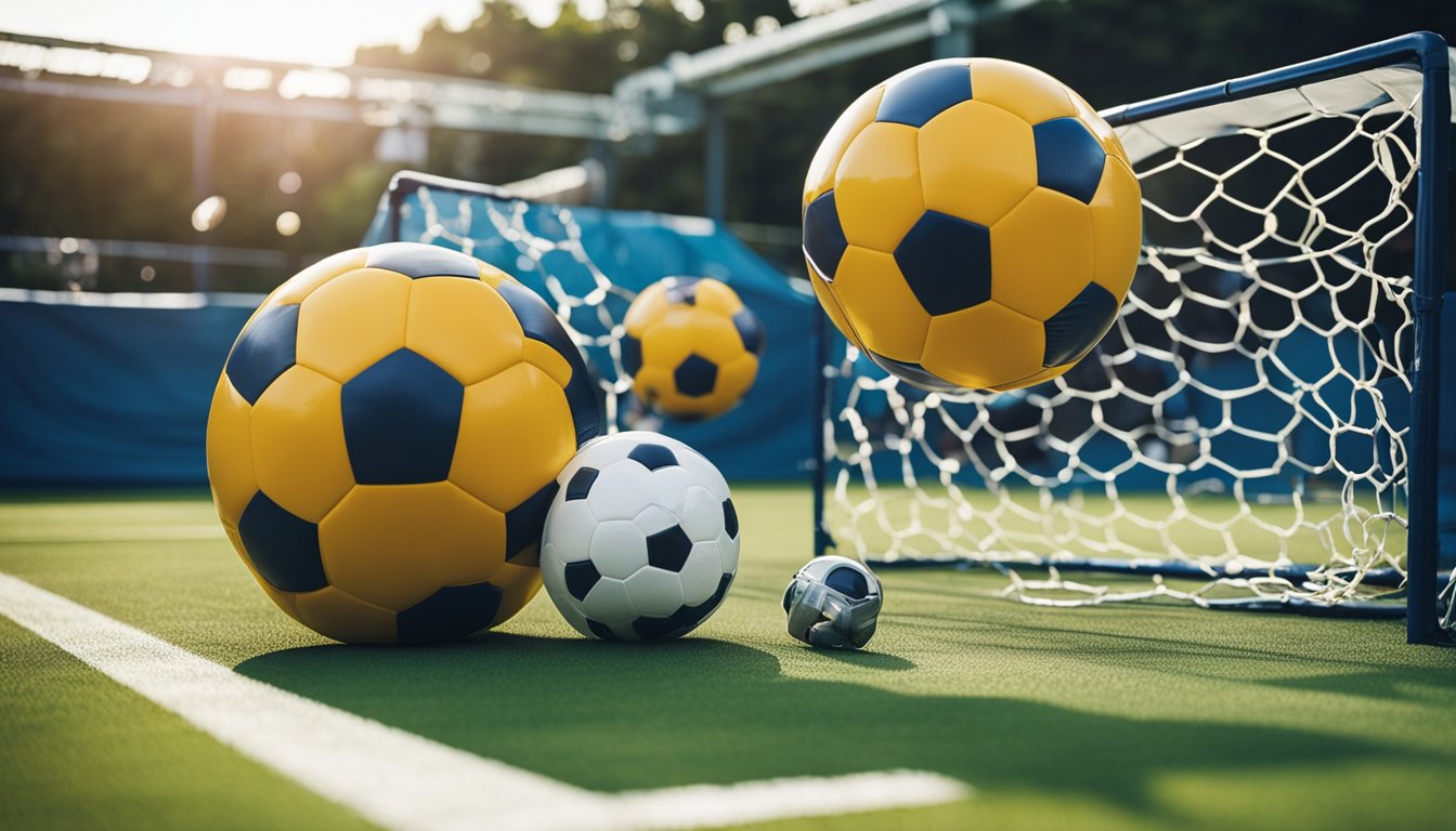 The scene depicts a table with bubble football equipment: bubble suits, helmets, and pumps. A maintenance checklist is displayed nearby