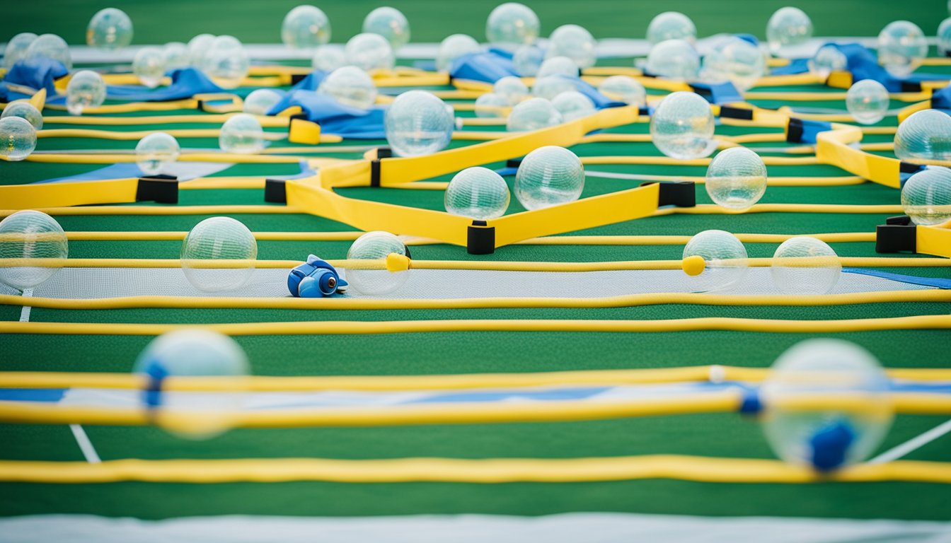 A set of bubble football equipment laid out neatly with maintenance tools and instructions displayed in a clear and organized manner