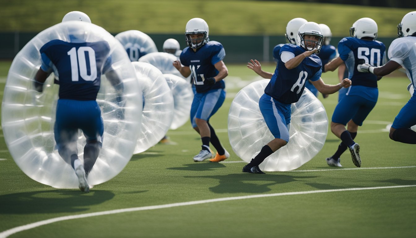 Players in bubble suits run, pass, and tackle on a grass field. Coaches demonstrate proper technique. Goals and cones mark the training area