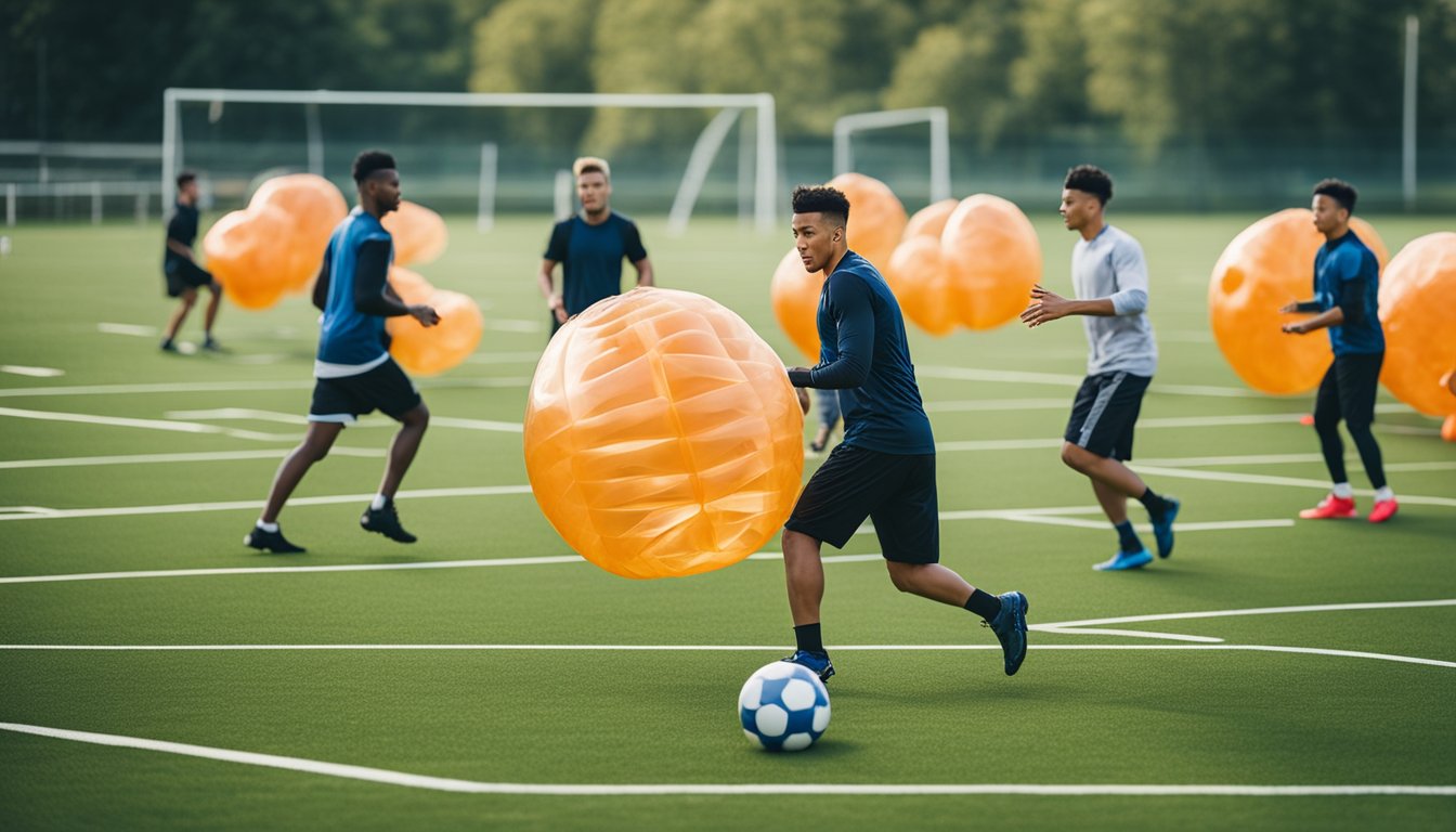 Players practicing bubble football drills on a grass field with cones and agility poles set up for training