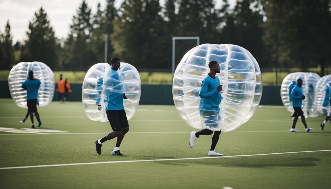 Players in bubble suits practice football drills, passing and dribbling. Coaches oversee the training, while others watch and ask questions