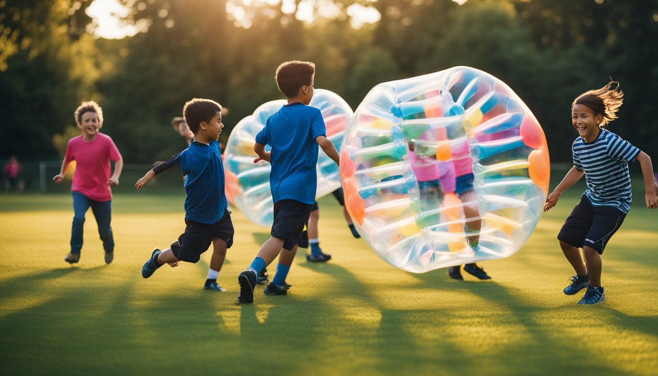 Children playing bubble football, bouncing and colliding in a colorful, outdoor field. Laughter and excitement fill the air as they perform tricks and flips inside their inflatable bubbles