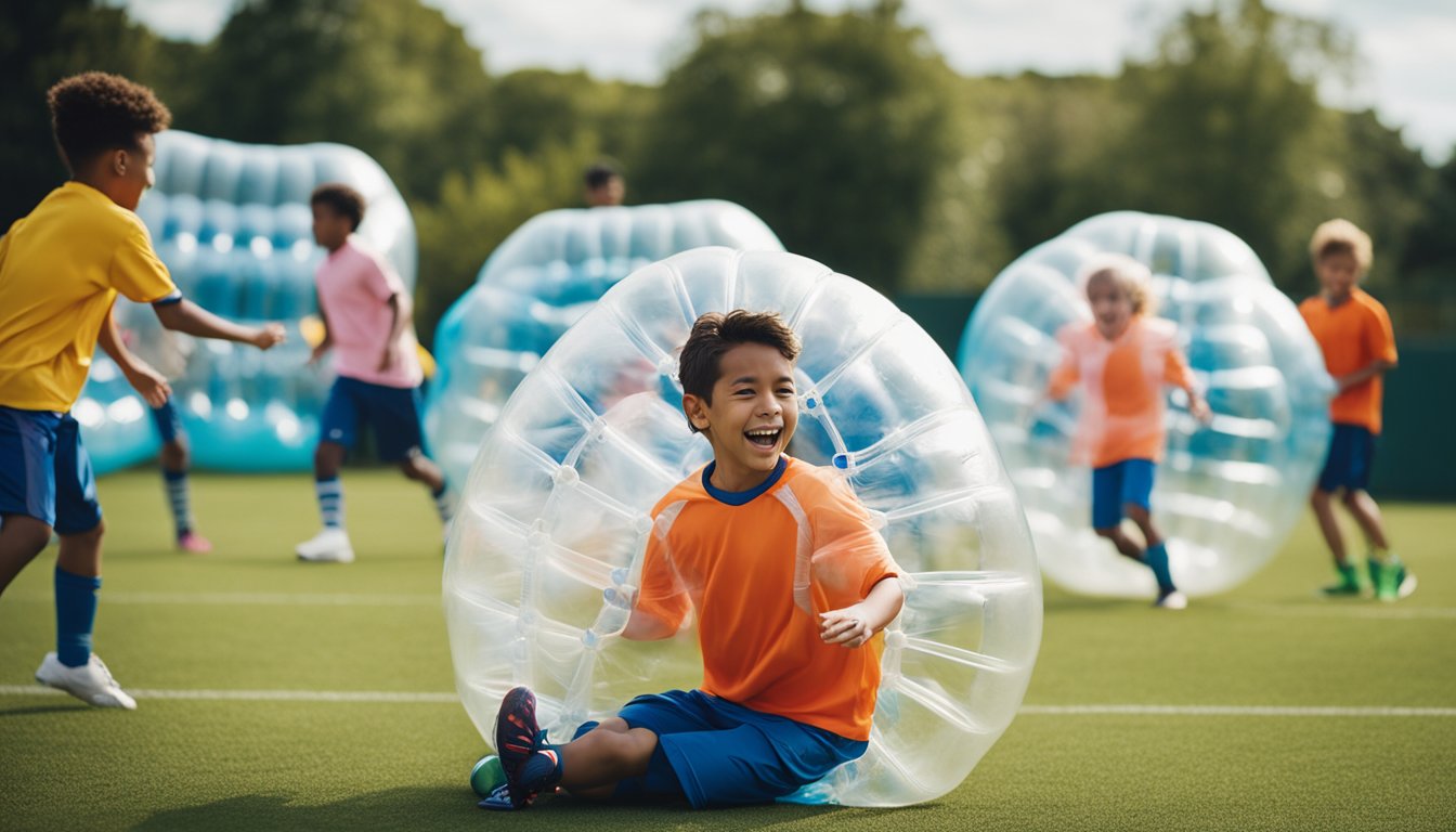 Children playing bubble football, bouncing and colliding in oversized inflatable suits. Laughter and excitement fill the air as they attempt tricks and maneuvers on the field