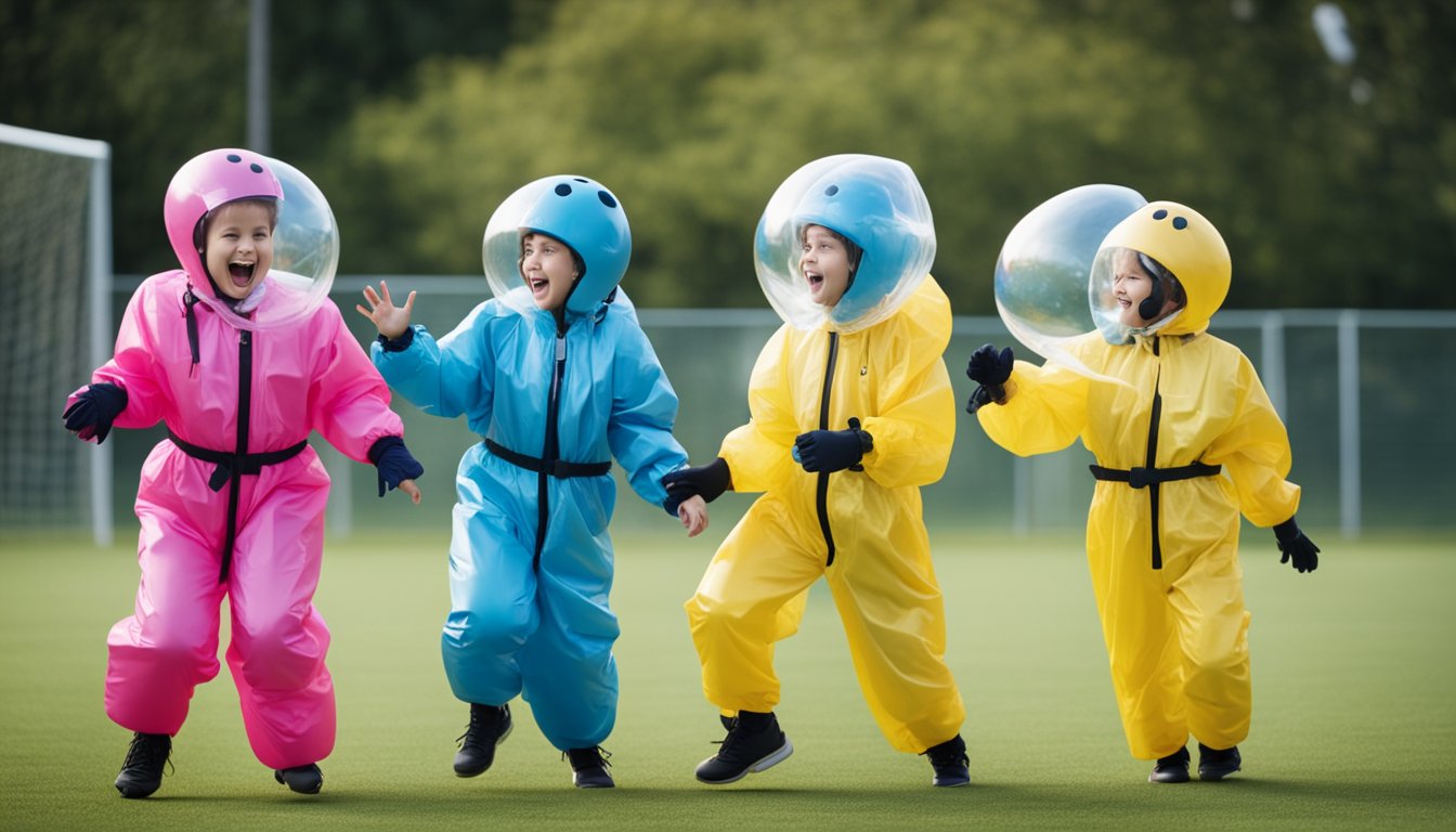 Children in bubble suits bump into each other, laughing and trying to score goals. They strategize and use techniques to outmaneuver their opponents